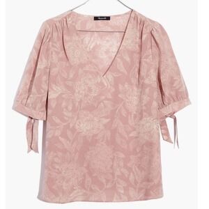 Madewell Pink Floral Silk Blend V‎ Neck Tie Sleeve Blouse Top Size S